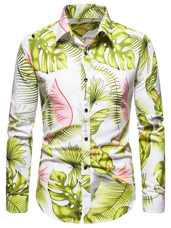 Chemise Hawaïenne à Imprimé Feuille Tropicale à Manches Longues - Blanc XL