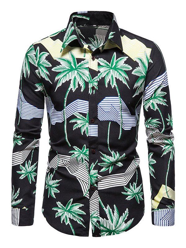 Palm Tree Striped Print Long Sleeve Shirt - BLACK M