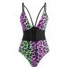 Neon Leopard Lace-up Strappy One-piece Swimsuit - BLACK S