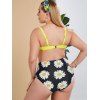 Plus Size Ruffle Tie Push Up Flower High Rise Bikini Swimwear - multicolor L