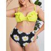 Plus Size Ruffle Tie Push Up Flower High Rise Bikini Swimwear - multicolor 5X