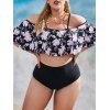 Ensemble de Tankini Rembourré Tropical Imprimé à Epaule Dénudée de Grande Taille - Rose clair L