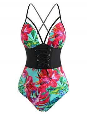 Floral Leaf Lace-up Moulded Corset Style One-piece Swimsuit