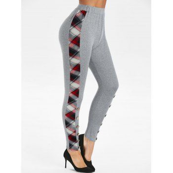 

High Rise Button Plaid Trim Leggings, Light gray