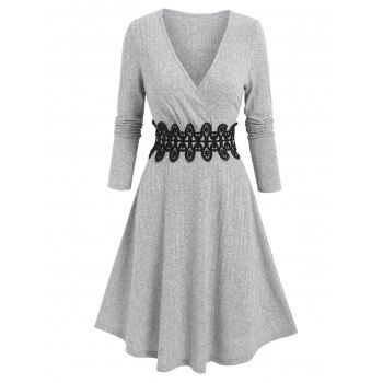 

Waist Applique Ribbed V Neck Wrap Dress, Light gray