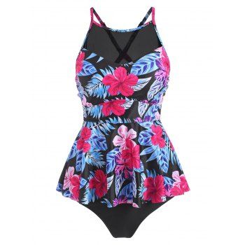 

Mesh Panel Floral Leaf Peplum Tankini Swimwear, Black