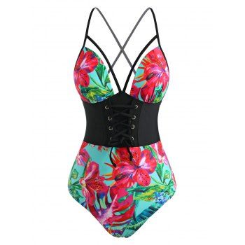 

Floral Leaf Lace-up Moulded Cups One-piece Swimsuit, Black
