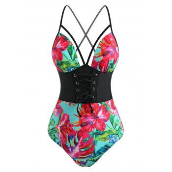 

Floral Leaf Lace-up Moulded Corset Style One-piece Swimsuit, Black