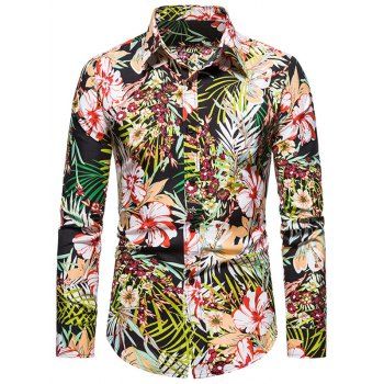 

Tropical Flower Print Long Sleeve Shirt, Black