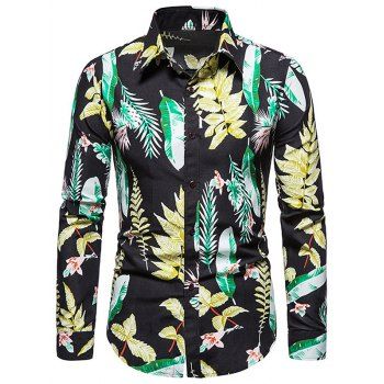 

Long Sleeves Leaves Printed Shirt, Black