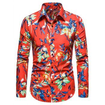 

Leaves Flower Print Long Sleeve Shirt, Red