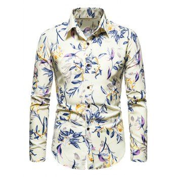 

Leaves Flower Print Long Sleeve Shirt, Light yellow