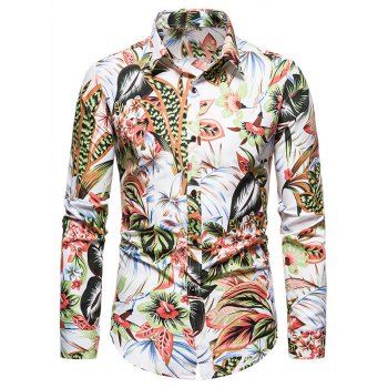

Tropical Leaves Flower Long Sleeve Print Shirt, White