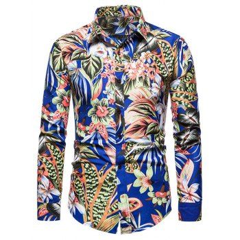 

Tropical Leaves Flower Long Sleeve Print Shirt, Blueberry blue