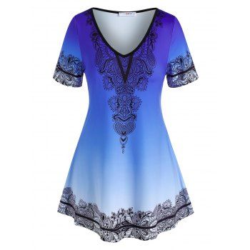 

Plus Size Ombre Leaves Printed T Shirt, Blue