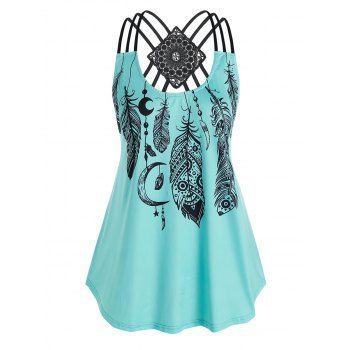 

Plus Size Feather Print Strappy Tank Top, Blue