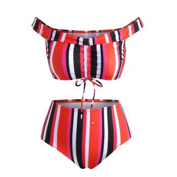 

Off Shoulder Colorful Striped Cinched Ruched Bikini Swimwear, Red
