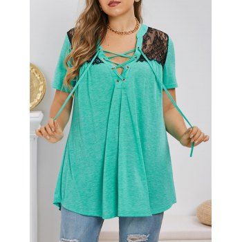 

Plus Size Lace-up Lace Insert Heathered T-shirt, Turquoise