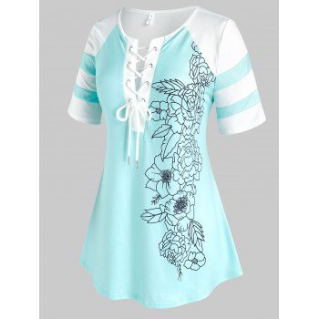 

Plus Size Flower Pattern Lace Up T Shirt, Multicolor