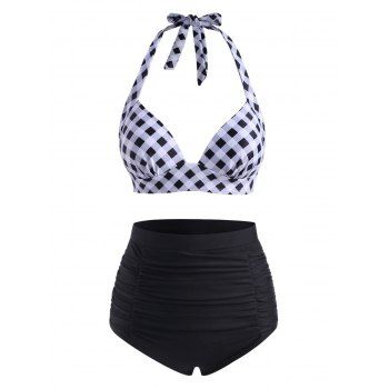 

Halter Gingham Moulded Ruched Bikini Swimwear, Black