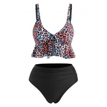 

Leopard Butterfly Print Knot Ruched Tankini Swimwear, Black