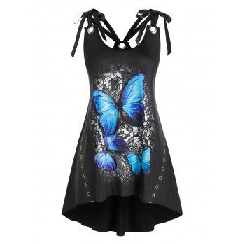 

Plus Size Strappy Tie Shoulder Butterfly Print Irregular Tank Top, Black