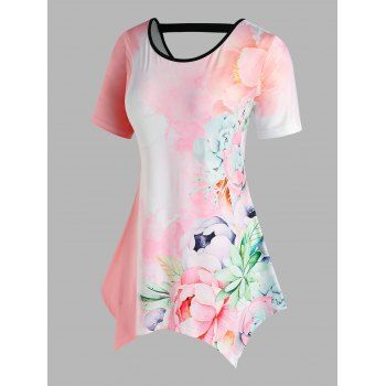 

Plus Size Printed Flower Cut Out Back T Shirt, Light pink
