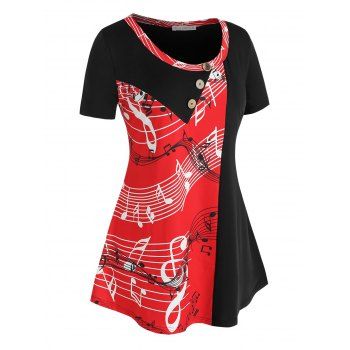

Plus Size Button Music Note Printed T Shirt, Black