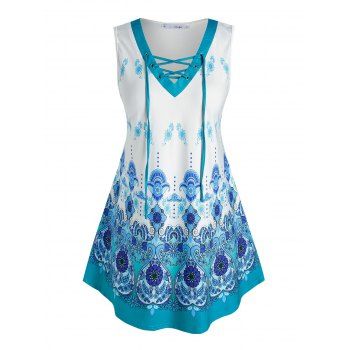 

Plus Size Flower Paisley Print Lace-up Long Tank Top, Light blue