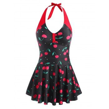 

Halter Cherry Print Boyshorts Peplum Tankini Swimwear, Black