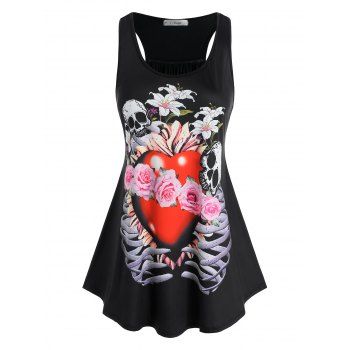 

Plus Size Punk Skull Flower Printed Tank Top, Black