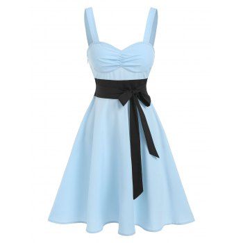 

Contrast Two Tone Bowknot Corset Style Ruched Flare Mini Dress, Light blue