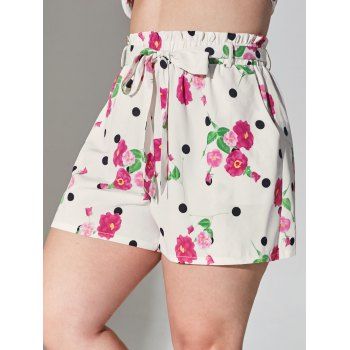 

Plus Size Floral Print Paperbag Shorts, White