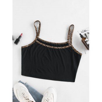 

Contrast Leopard Piping Plus Size Cropped Cami Top, Black