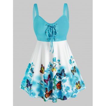 

Plus Size Lace Up Butterfly Floral Print Tank Top, Multicolor