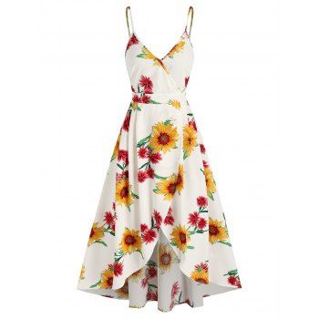 

Sunflower Print Spaghetti Strap Surplice Dress, Light yellow