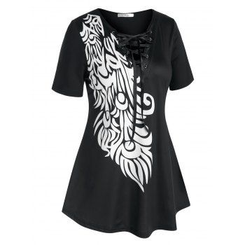 

Plus Size Lace Up Asymmetric Printed T Shirt, Black