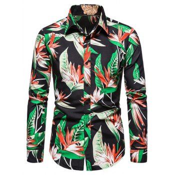 

Flower Leaves Print Long Sleeve Hawaiian Shirt, Black