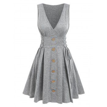 

Summer Sleeveless Mock Button Lace-up Surplice Dress, Light gray