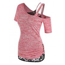 dresslily Space Dye Skew Neck Tee and Lace Tank Top Set