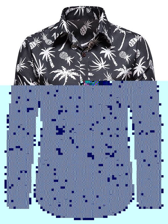 Chemise Hawaïenne à Imprimé Ananas Palmier à Manches Longues - Noir XL