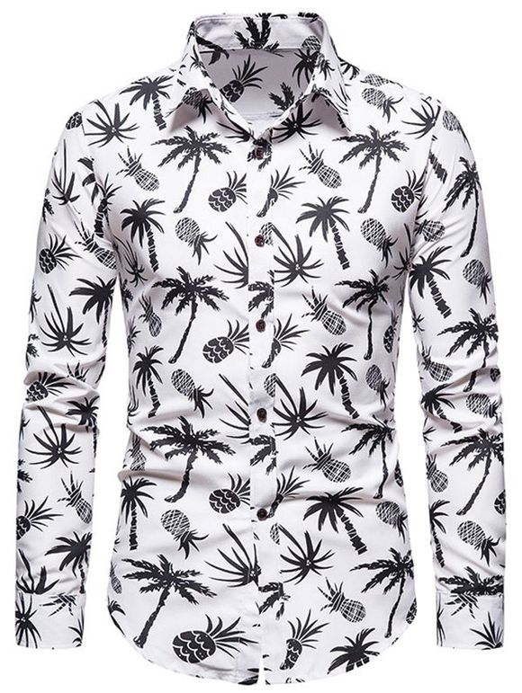 Chemise Hawaïenne à Imprimé Ananas Palmier à Manches Longues - Blanc XL