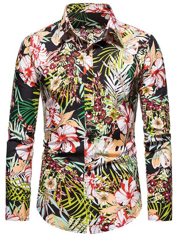 Chemise Hawaïenne à Imprimé Fleurs Tropicales à Manches Longues - Noir 3XL