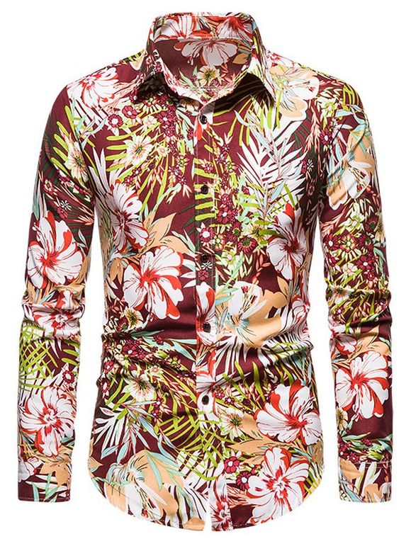 Chemise Hawaïenne à Imprimé Fleurs Tropicales à Manches Longues - Rouge XL