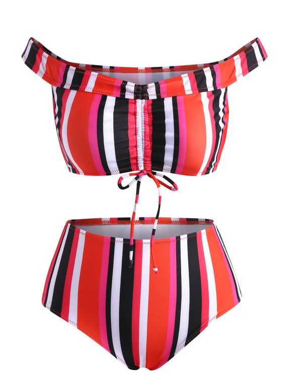 Maillot de Bain Bikini Rayé Coloré Plissé à Epaule Dénudée - Rouge XL
