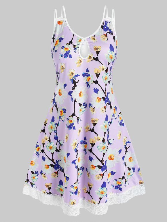 Robe à Imprimé Floral à Bordure en Dentelle Grande Taille - Violet clair 3X