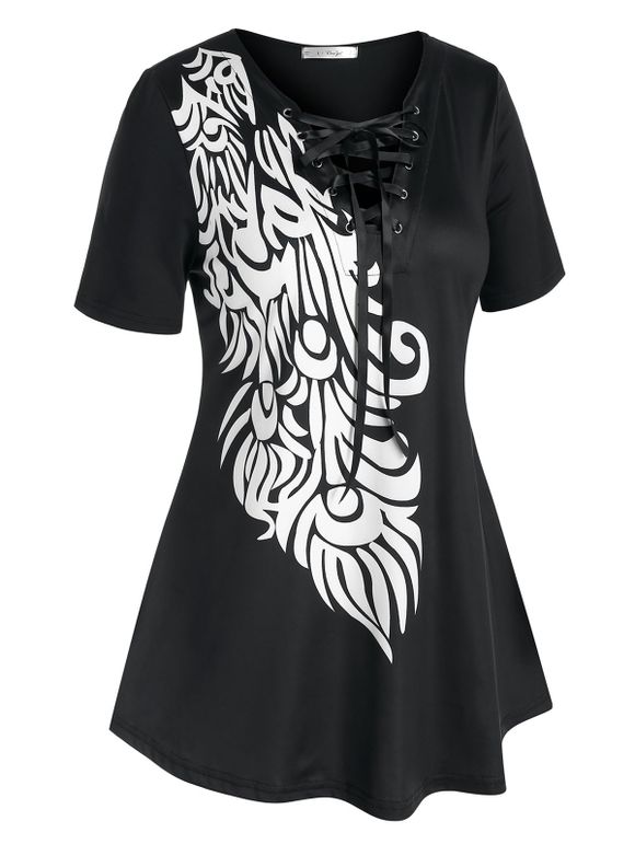 T-shirt Asymétrique Imprimé de Grande Taille à Lacets - Noir 4X
