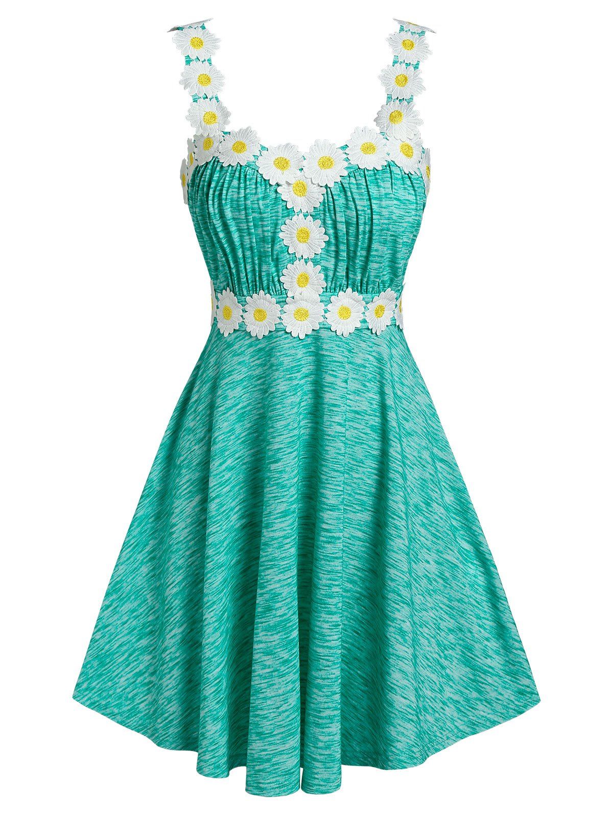 Flower Pattern Applique Pleated Dress - LIGHT GREEN XXXL