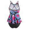 Mesh Panel Floral Leaf Peplum Tankini Swimwear - Noir S