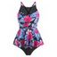 Mesh Panel Floral Leaf Peplum Tankini Swimwear - Noir S